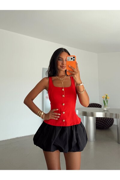 myd Gold Buckle Thick Strap Blouse - Red
