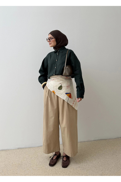 MODA AKSA VİRELLE KETEN GÖMLEK ZÜMRÜT