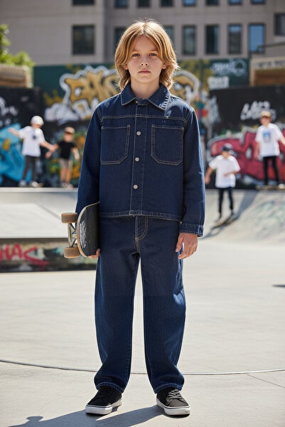ASL GOLF CLUB Boys' Loose Fit Denim Suit Shirt and Pants Dark Blue 3-14 Years