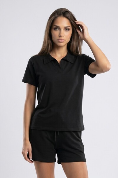Moon Mix Women's Soft Knitted Fabric Polo Collar Blouse and Elastic Waist Sho...