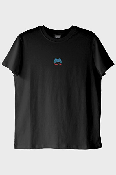 lofux Player 2 Joystick Patterned Embroidery Black T-Shirt - for Gamer Couples