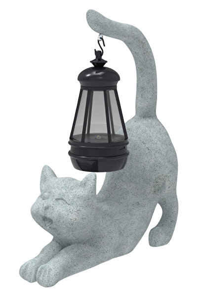 OEM Solar Cat Figurine with Lantern, Resin, Grey, 20 cm