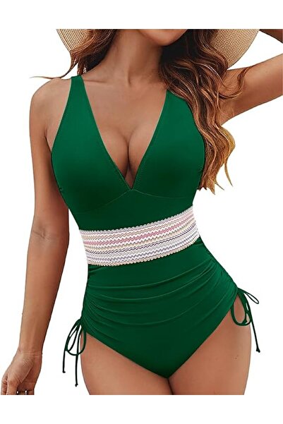 OEM Women’s One-Piece Shaping Swimsuit, High Waist Push-Up, Green, Size L