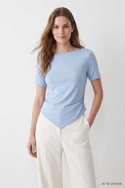 Rays Kayık Yaka Side Gathered Women's Blouse 0459 Blue
