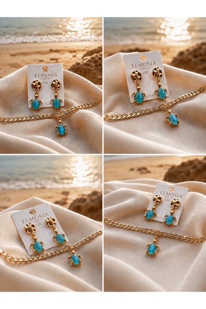 Elmosia Jewelry Women's Jewelry Set with Turtle Charm and Cat's Eye Stone - Chain Bracelet and Dangle Earrings Combination