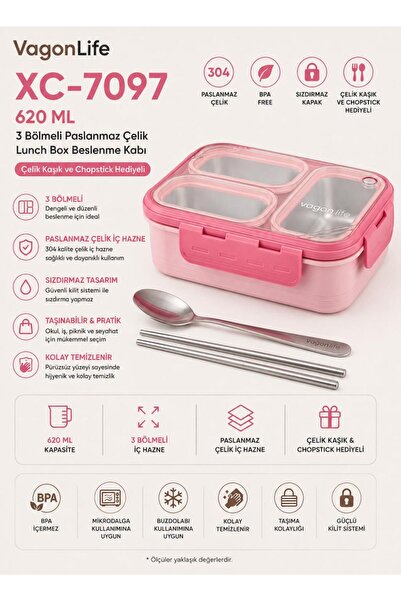 Vagonlife XC-7097 620 ml Pembe 3 Bölmeli Paslanmaz Çelik Lunch Box Beslenme K...