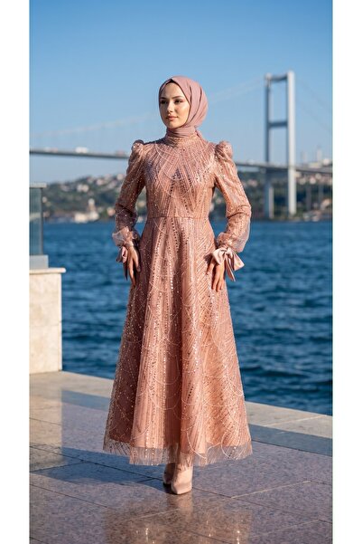 Aca Kolu fiyonklu taş işlemeli abiye