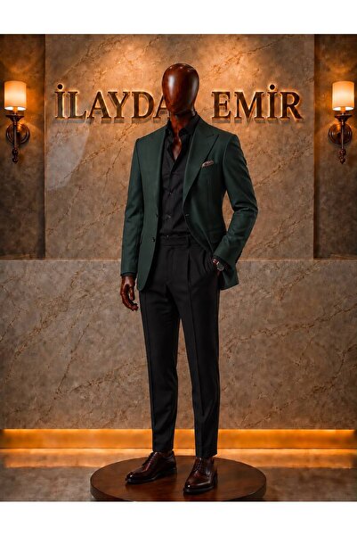 ilayda emir بدلة رجالية مكونة من 3 قطع، سترة خضراء، قميص أسود، بنطلون من القم...