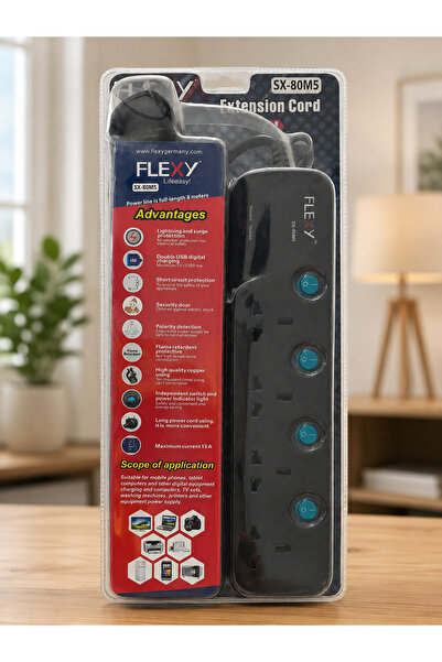 flexy سلك تمديد بطول 8 أمتار – 3 مفاتيح مستقلة، شحن USB مزدوج، 13 أمبير، حماي...