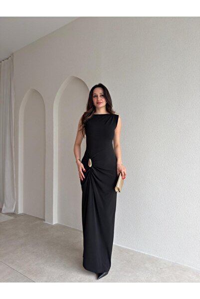 Mooi Butik فستان جانجل ماكسي 7891 - أسود