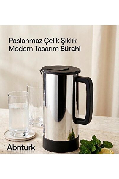 abnturk Siyah Renk 304 Kalite Paslanmaz Çelik Sürahi 1.5 litre Sıcak Soğuk Tü...