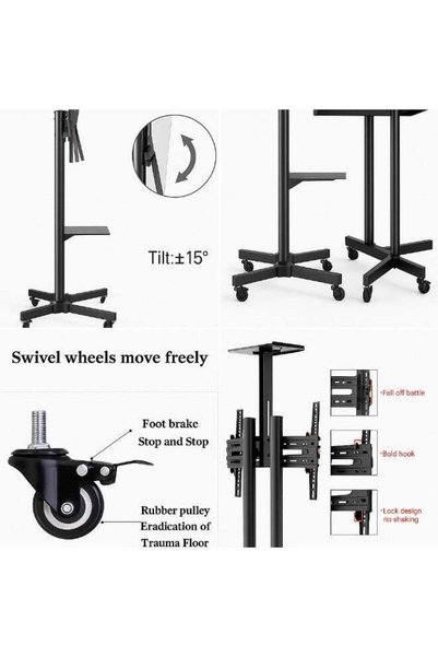 HomeCare Mobile TV Stand for 32-75 inch LCD LED Flat Panel Curved Screen, Height Adjustable Shelf Rolling Floor Stand with Wheels as a Movable Portable Stand, Max VESA 700x460mm