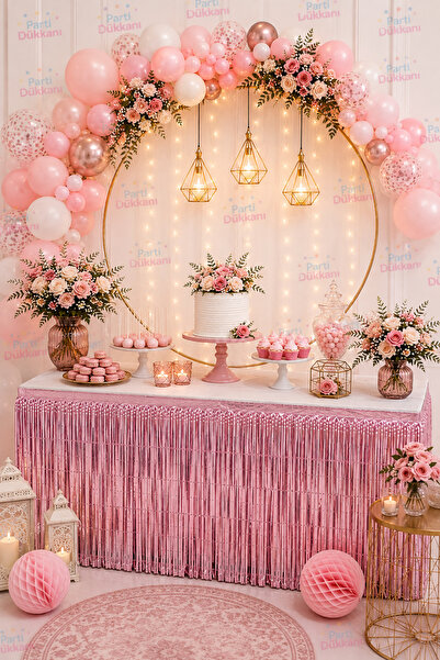 Parti Dükkanı Pembe Masa Eteği 70x180 cm Parti Masa Süsü Doğum Günü Nişan Bab...