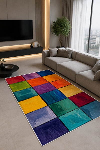 Aybek Home Renkli Kareler Desenli Baskılı Kaymaz Yıkanabilir Oturma Odası Sal...