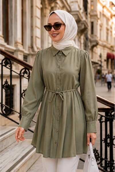 N.S NEVA STYLE Belted Poplin Khaki Hijab Tunic 15597Hk