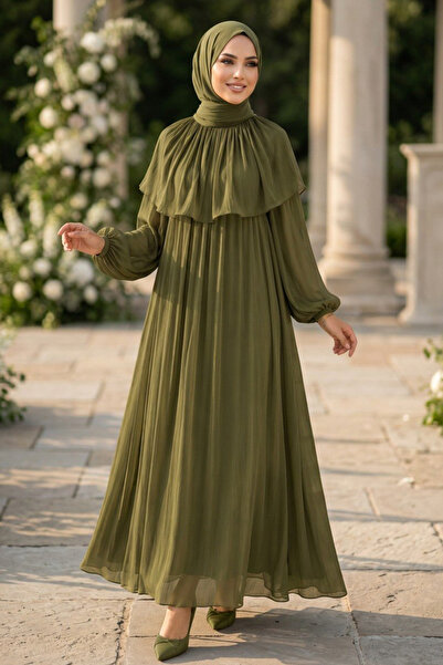 N.S NEVA STYLE Cape Detailed Gathered Janjan Chiffon Khaki Hijab Evening Dres...