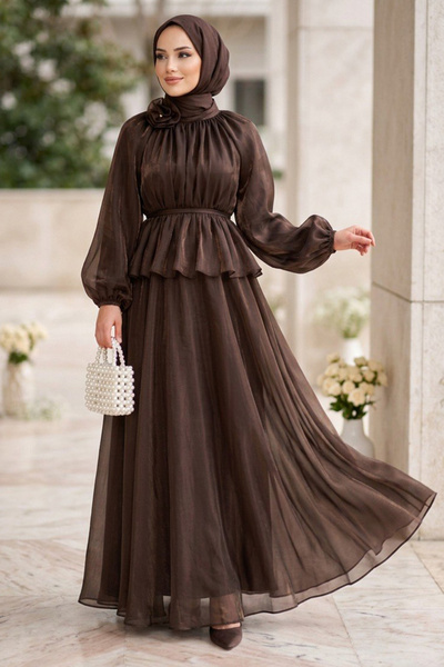 Neva Style Büzgülü Yaka Peplum Janjan Şifon Kahverengi Tesettür İkili Takım 8...