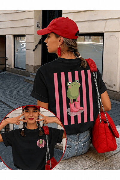 OVER HEAD Kadın Çizgili Kurbağa Baskılı Oversıze T-shirt