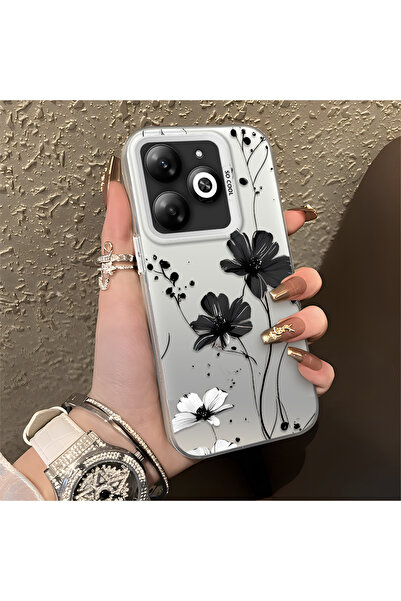 PATTERNOVA Infinix Smart 8/8 Pro/8 Plus Uyumlu Siyah-beyaz sulu boya çiçek ba...