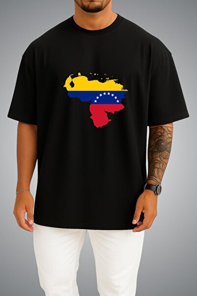 Bahriyeli Collection Oversize Venezuela Flag and Map Chest Printed Unisex T-S...