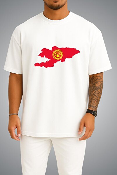 Bahriyeli Collection Oversize Kyrgyzstan Flag and Map Chest Printed Unisex T-...