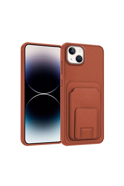 Zebana Apple iPhone 15 Uyumlu Kılıf FlexStand Kartlıklı Silikon Kılıf Kahverengi