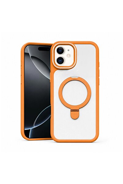 Zebana Apple iPhone 12 Uyumlu Kılıf MagRing Standlı Silikon Kılıf Turuncu