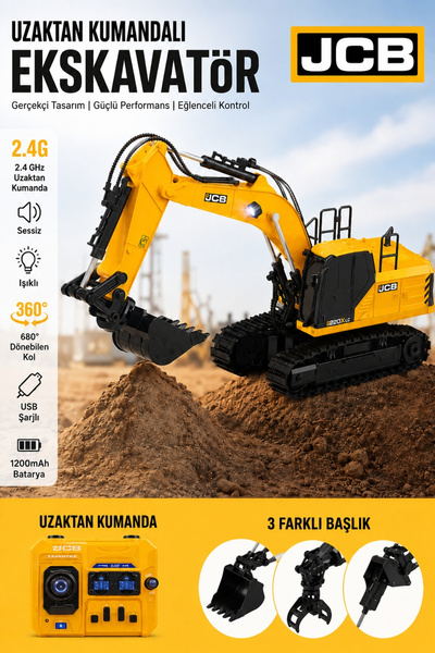 Toyaş JCB Uzaktan Kumandalı 3 Başlıklı Ekskavatör 2.4 GHz Işıklı Sesli Şarjlı...