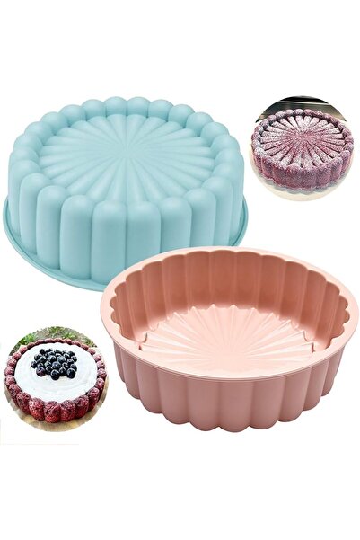 STARSTAR Two round sunflower silicone cake molds, pink and blue.