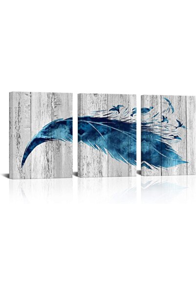 HOME MODE 30x40 cm 3 Panel Gallery Wrapped Canvas | Blue Feather Wall Art | R...