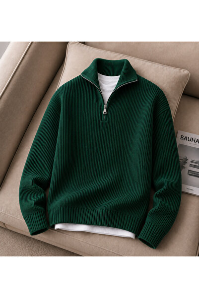 threeoff Men's Premium Ribbed Knit Sweater with Half Zipper, Comfortable Fit