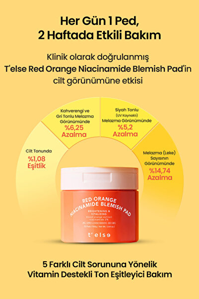 T'else Leke Karşıtı, Aydınlatıcı Cilt Bakım Pedi TELSE Red Orange Niacinamide Blemish Pad (70 Pads)