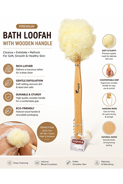 ninex Premium Bath Loofah with Long Wooden Handle | Soft Mesh Body Scrubber f...