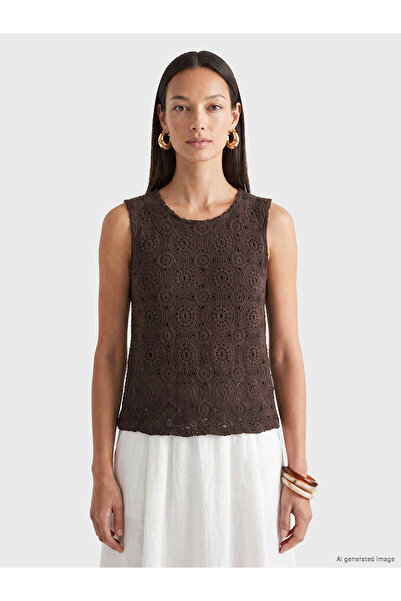 LC Waikiki Trendlucky Crochet Blouse with Oval Collar and Contrast Detail