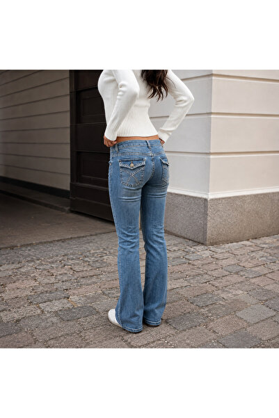 Messy Girls Low Waist Flare Jean with Flap Open Blue Spanish Flare Denim Pants