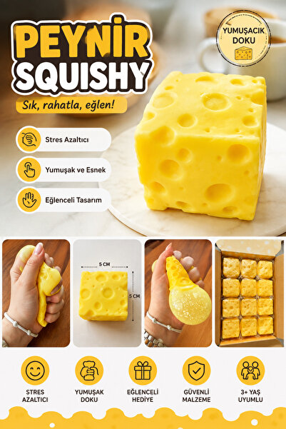 Gezinfini Hediyelik Cheese Squishy | Küp Peynir Moji | İçi Köpük dolgulu | Vi...