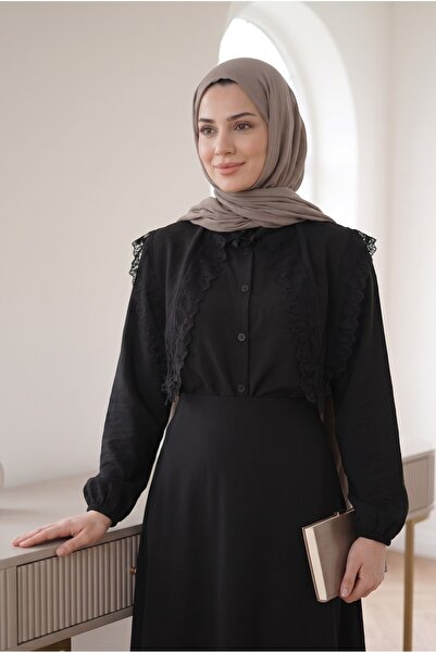 lavrisa Kadın Dantel Detaylı Modal Kumaş Siyah Gömlek