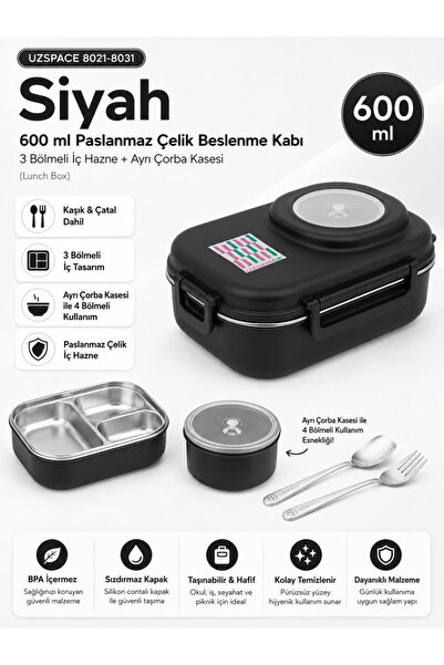 Uzspace 8021-8031 Black 600 ml 4-Compartment Stainless Steel Lunch Box (Lunch...