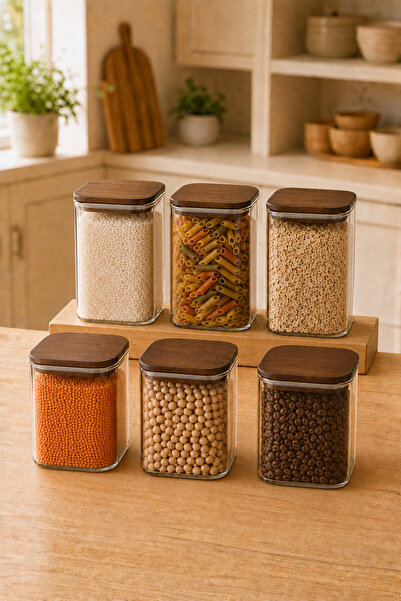 Karçiçeği Home Vacuum Borosilicate Glass Food Storage Container with Acacia L...