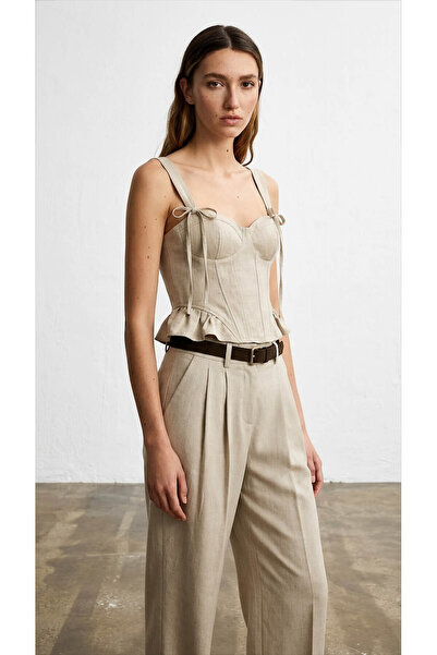 Quzu Beige Women's Blouse with Strap Detail Blz02283