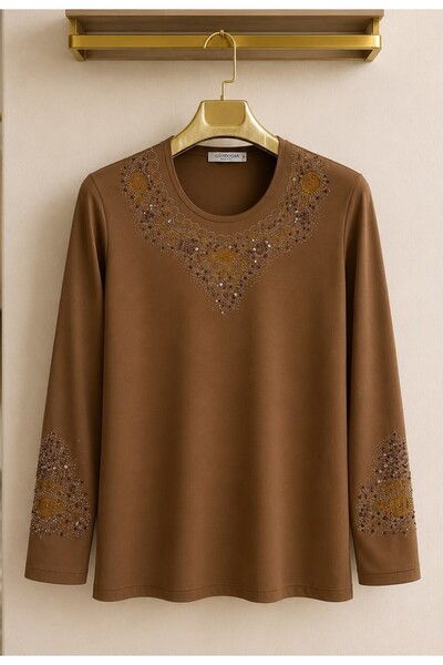 Gündoğan Women's Stone Embroidered Sleeve Luxury Combed Cotton Mother Blouse