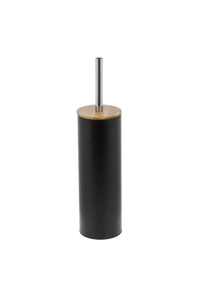 BAMI NETWORK "Perie de WC Metalica, Culoare Neagra, cu Capac din Bambus, Dime...