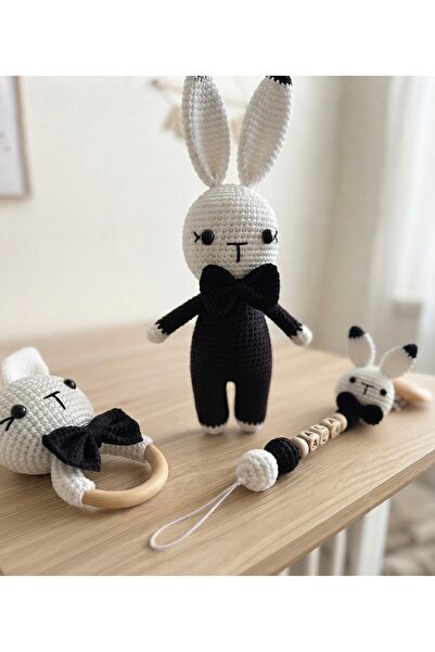 Taze Kal El Örgüsü Siyah Beyaz Papyonlu Amigurumi Uyku Arkadaşı, Diş Kaşıyıcı...