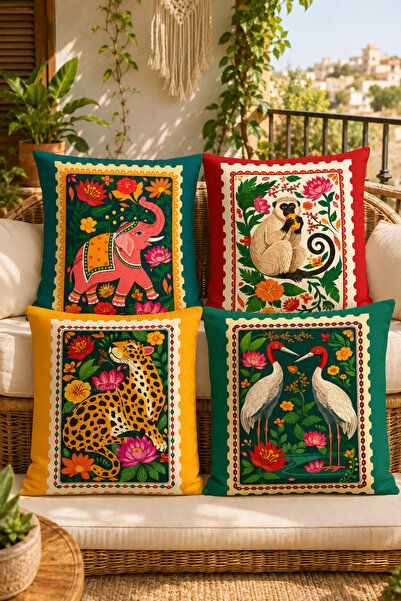 stellahomes Indian Folk Art Style Elephant, Monkey, Leopard and Crane Pattern...