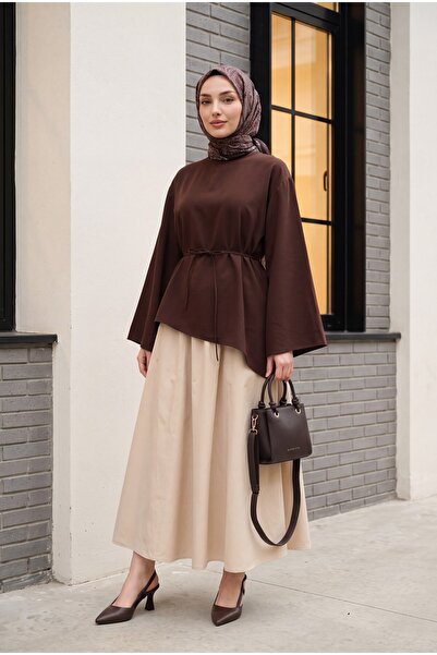 Modamorfo Asymmetrical Cut Waist Tie Oversize Modal Tunic - Dark Brown