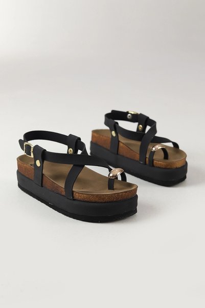 McDark Kadın Platform Taban 6 cm Yüksek Düz Mantar Taban YÜZÜK Detaylı Sandalet-SİYAH