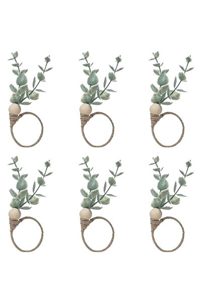 STARSTAR Rustic-style artificial eucalyptus green wooden napkin rings (pack o...