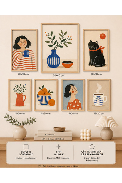 UNT 7'li Çerçeve Görünümlü Modern Tablo Seti | Boho Matisse | Kadın, Kedi, Va...