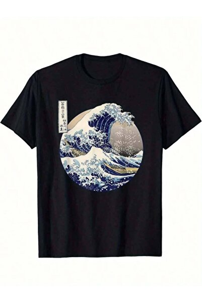 45 BPM Men's Kanagawa Print-Shirt Black Blue Beige Ocean Wave Print -% Cotton...