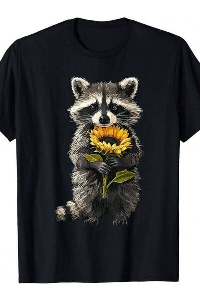 LİNA06 Raccoon Holding A Sunflower Cute Floral Mother's Day-Shirt, Casual Rou...